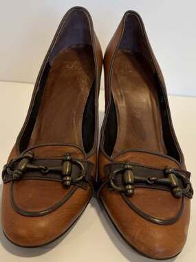 Zara Women's Cognac Leather Heels With Horsebit Detail Size 38 US 7